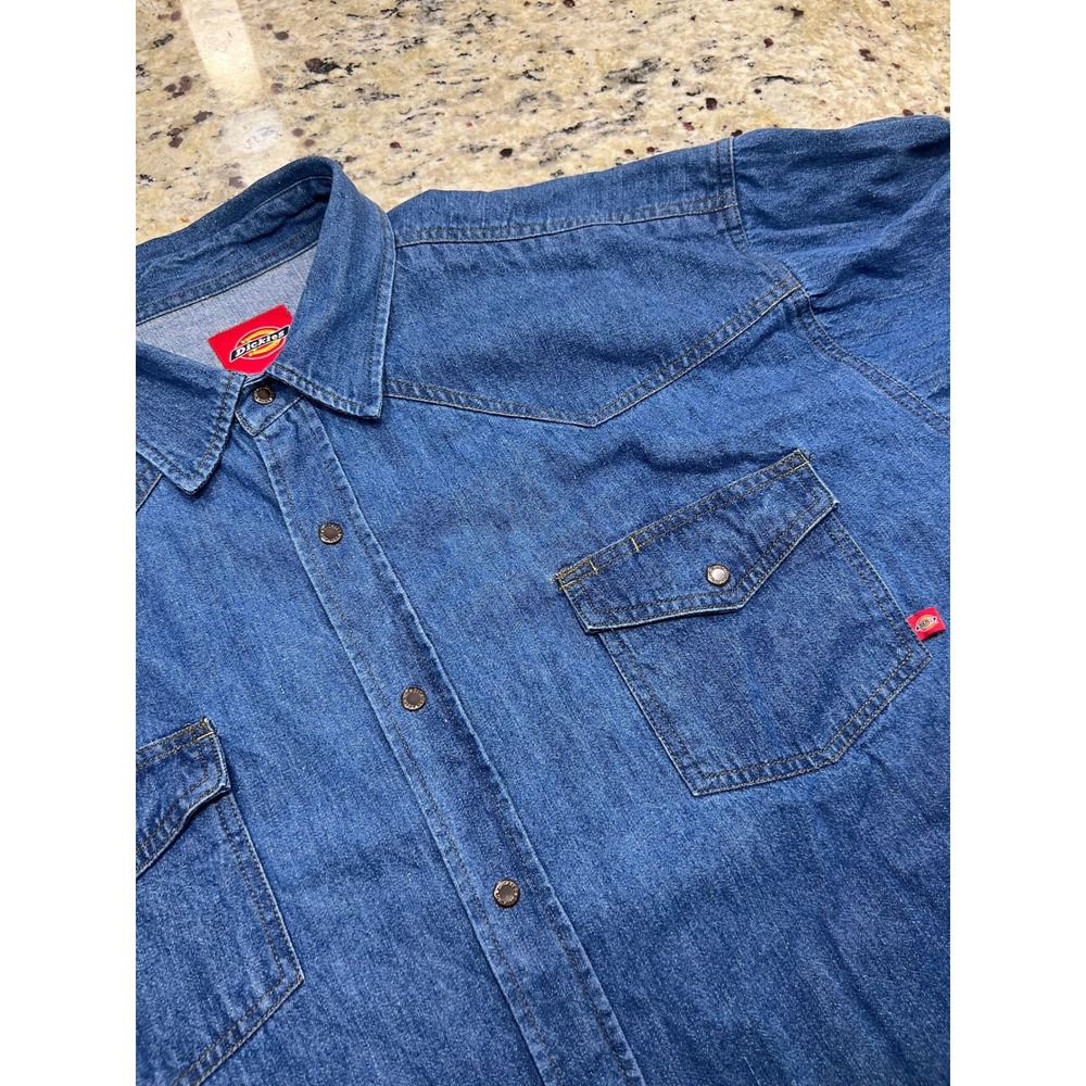 Dickies Mens XXL Blue Denim Western Long Sleeve Button Down Work Shirt Pockets
